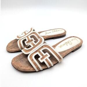 Sam Edelman Bay Fray Double E Logo Slide Sandals Natural Beige Cork Size US7.5M